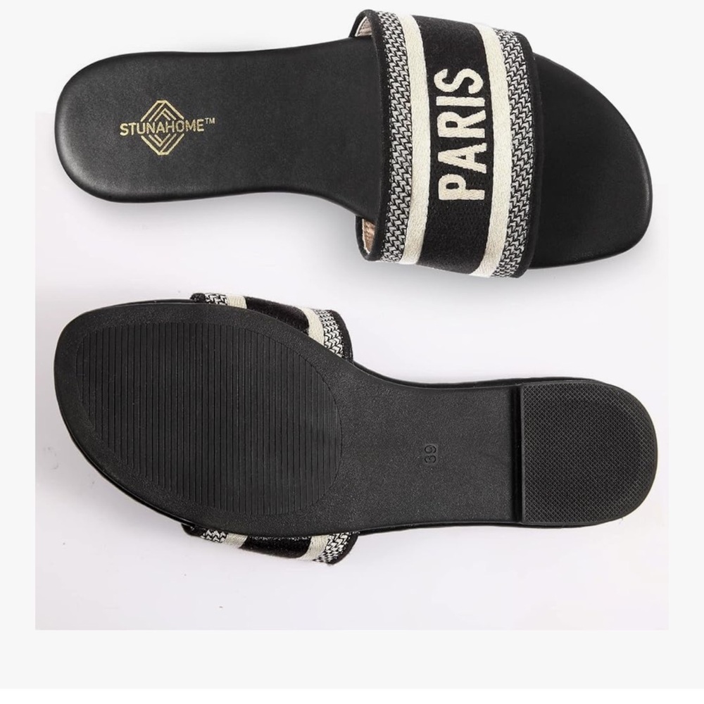 Black & Cream Woven Strap Paris Summer Flats Slides Round Toe BRAND NEW Sz 10 - Picture 4 of 11